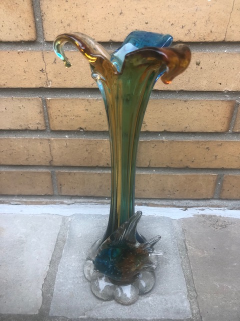 Murano soliflore vaasje met vis, geel / groen