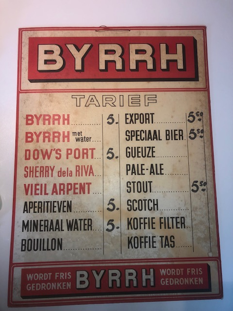 Byrrh tarief, kartonnen prijslijst café