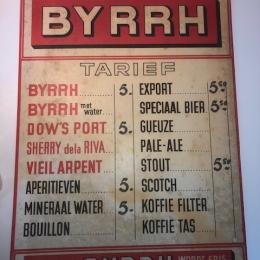 Byrrh tarief, kartonnen prijslijst café